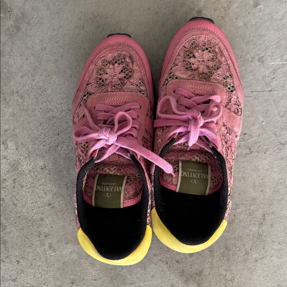 Valentino Pink Floral Lace-Up Sneakers with Yellow Heel Tabs
